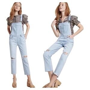 PAIGE Light Wash Distressed Denim Overalls Raw Hem Y2K style  Size 27